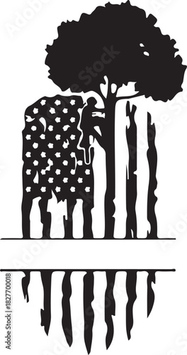 Print arborist silhouette on distressed american flag isolated on