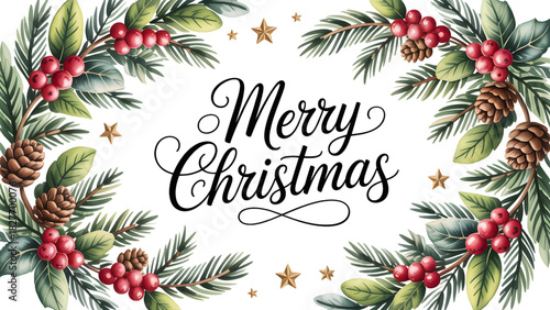 Merry Christmas calligraphy with watercolor pine branches berries and pinecones festive holiday design