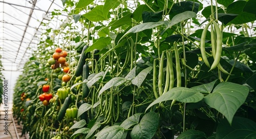 Fototapeta Naklejka Na Ścianę i Meble -  Rows of fresh green beans and ripe tomatoes growing in a modern greenhouse