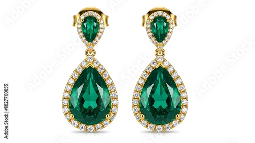 A close up of two gold earrings with green gemstones and small white diamonds on a white background