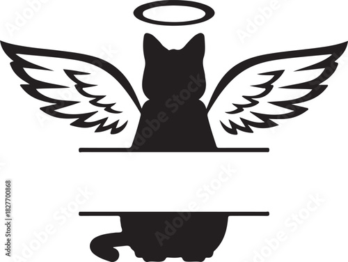 Print silhouette of a cat with angel wings and halo isolated on