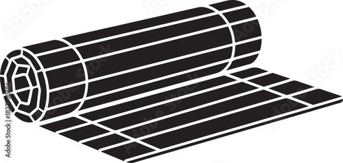 A rolled and partially unrolled black and white striped mat illustration