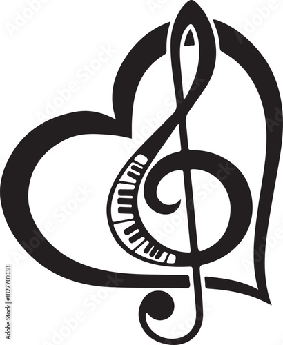 Print treble clef and piano keys forming a heart isolated on