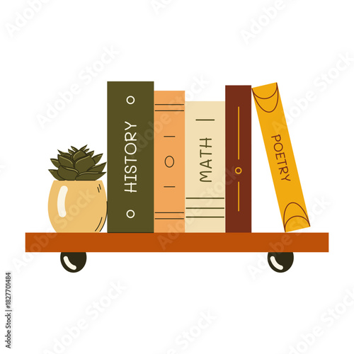 Book stack with a potted plant on a bookshelf. Vector illustration
