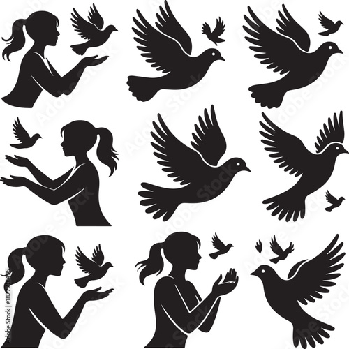 Silhouette art with girls releasing doves for peace and freedom