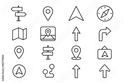 Navigation icons set: compass, map, location, arrow, direction