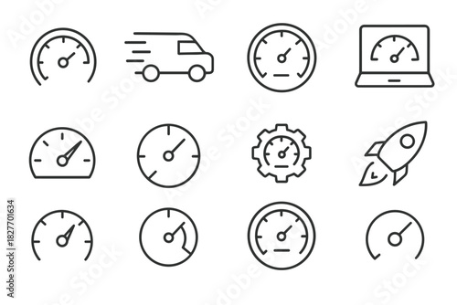 Collection of speed and performance icons featuring gauges and vehicles