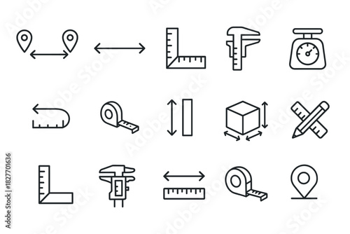 Measurement tools icons set featuring ruler, caliper, cube, scale, tape, arrow