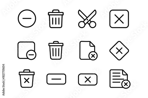 Icon set: trash cans, scissors, cancel and remove symbols - minimalist design collection