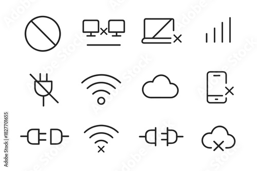 Network connectivity icons: no signal, plug disconnected, and cloud interruption symbols