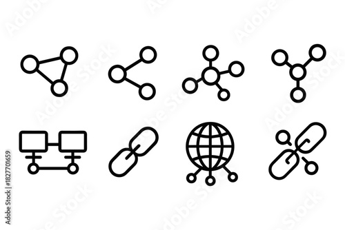 Collection of simple network and connection icons in black outline style