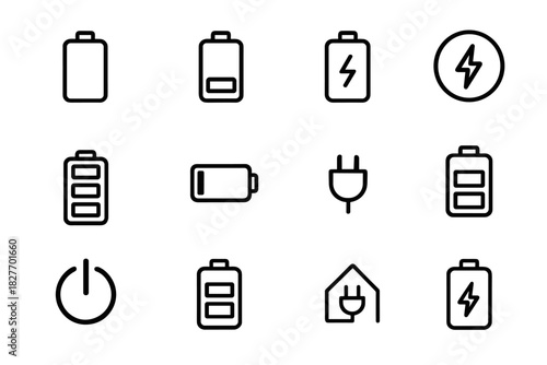 Collection of battery icons representing various charging levels and power indicators