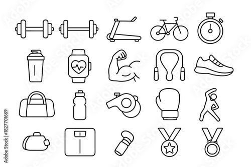 Fitness icons: dumbbells, treadmill, water bottle, boxing glove, stopwatch, bicycle, running shoe