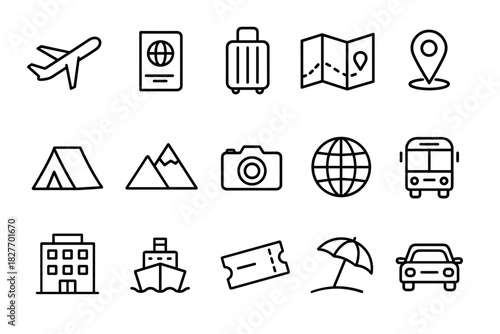 Travel icons set: airplane, passport, luggage, map, camera, globe, bus, hotel, ship, ticket