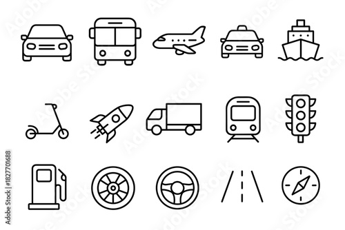 Transportation icons set: car, bus, plane, ship, scooter, rocket, truck, train, traffic light