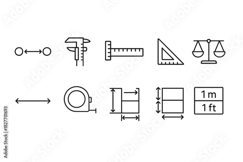Measurement icons: ruler, caliper, scale, tape measure, distance, angles, length units