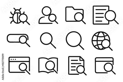 Search and analysis icons: magnifying glass, bug, globe, document, book