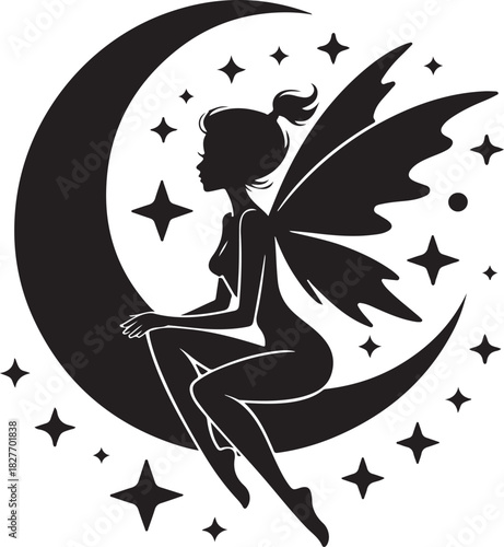 Silhouette of a Fairy Sitting on the Moon with Stars Around