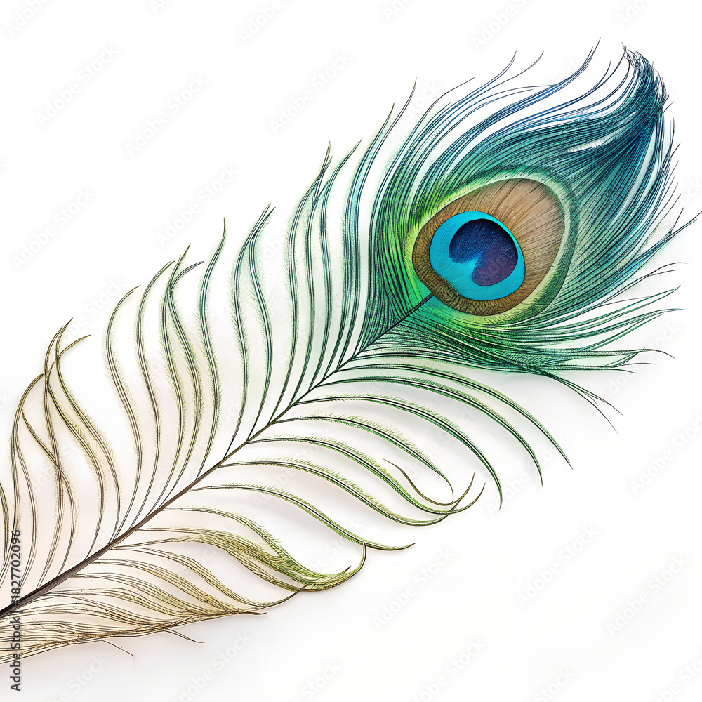Obraz premium Vibrant peacock feather against a white background, a beautiful vibrant peacock feather showcasing stunning blue and green hues, exotic peacock feather, detailed photo of a beautiful vivid peacock.