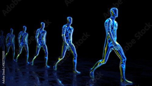A row of humanoid characters with vibrant glowing energy lines in a walking pose over a dark background and reflective floor with retro shimmering grid lines.