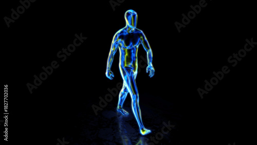 A humanoid character with vibrant glowing energy lines in a walking pose over a dark background and reflective floor.