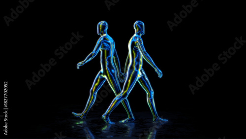 Two humanoid characters with vibrant glowing energy lines in opposite walking poses over a dark background and reflective floor with retro shimmering grid lines.
