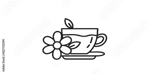 Flower with tea cup on saucer thin line icon, spa salon concept. Vector graphics. Scented herbal drink cup, aromatherapy sign on white background, style icon mobile or web desig
