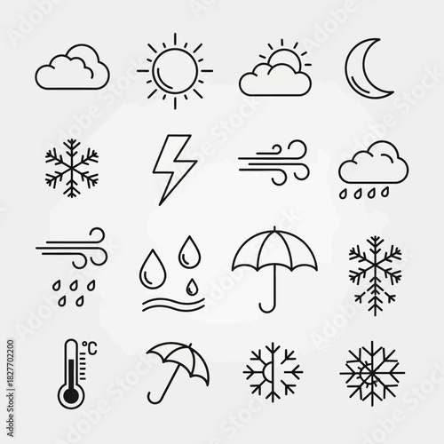 Weather Icons Set - Cloud, Sun, Moon, Snowflake, Lightning, Wind, Rain.