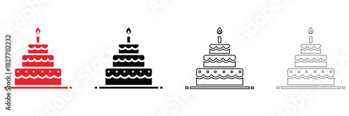 birthday cake icon vector set, happy birthday cake icon symbol vector, silhouette and line art