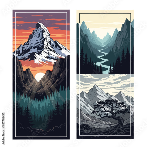Mountain Landscapes - Serene Nature Scenes with Majestic Peaks and Winding Rivers.