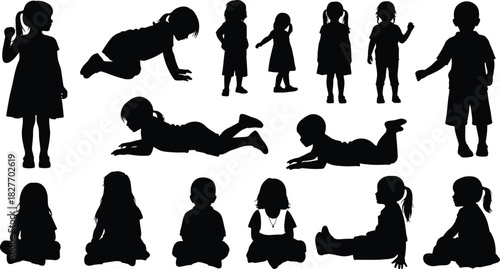 Collection of multiple child silhouettes showing various poses, sitting, standing, and playing, ideal for vector design, education, illustration, and creative projects.