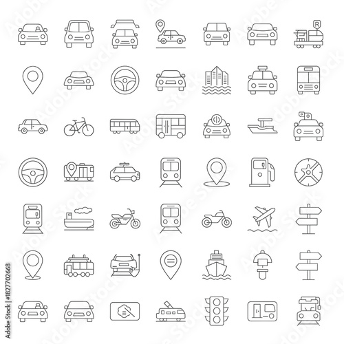 Extensive collection of line art transportation icons, featuring diverse vehicles, travel modes, navigation symbols, and logistics elements for modern design projects