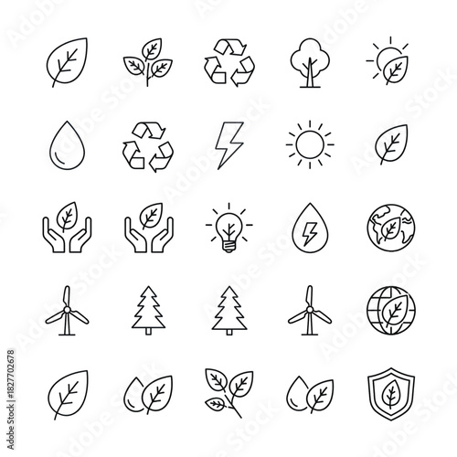 Modern outline icons for environmental sustainability and eco-friendly concepts. Illustrating nature, renewable energy, and global ecological responsibility for design
