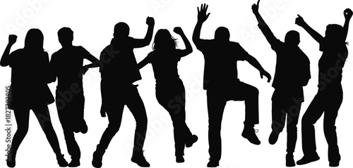 Energetic group of people dancing in silhouette celebrating happiness, party movement, joyful crowd activity, dynamic celebration scene with expressive dance poses.