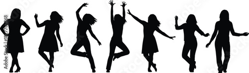Energetic silhouette group of women dancing in various poses, expressing joy, movement, creativity, freedom, celebration, rhythm, style, and artistic expression