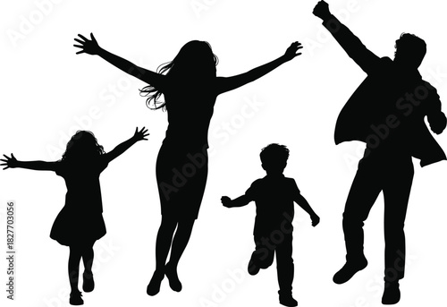 Happy family silhouette jumping and running together, expressing joy, freedom, unity, positive emotions, active lifestyle, celebration and energetic movement outdoors