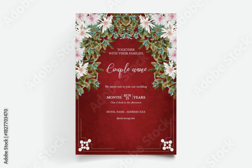 WEDDING INVITATION FRAME WITH FLOWER DECORATIONS AND FRESH LEAVES