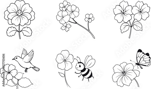 Cute spring garden nature coloring book page elements vector