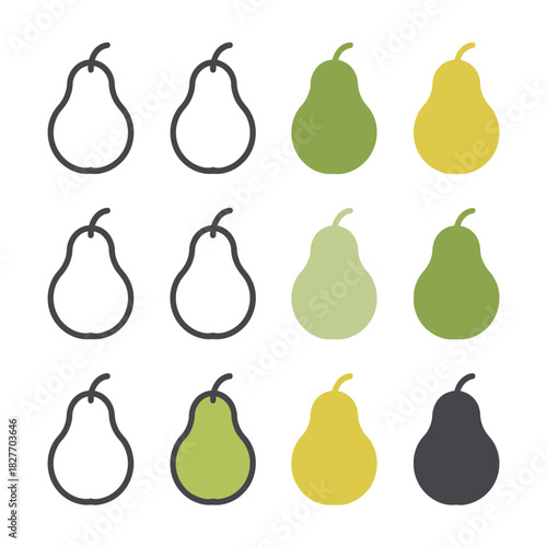 Pear Icon Set Vector | Outline and Solid Pear Symbols Collection