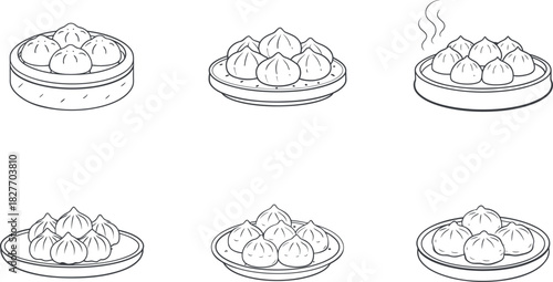 Different poses of dim sum blank line art set vector