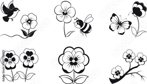 Different poses of pansy flower line art set vector
