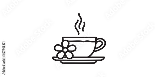 Flower with tea cup on saucer thin line icon, spa salon concept. Vector graphics. Scented herbal drink cup, aromatherapy sign on white background, style icon mobile or web desig