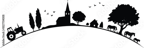 Rural countryside landscape with tractor, church, trees, birds, farmhouse, grazing animals, peaceful village scene silhouette on curved horizon design illustration