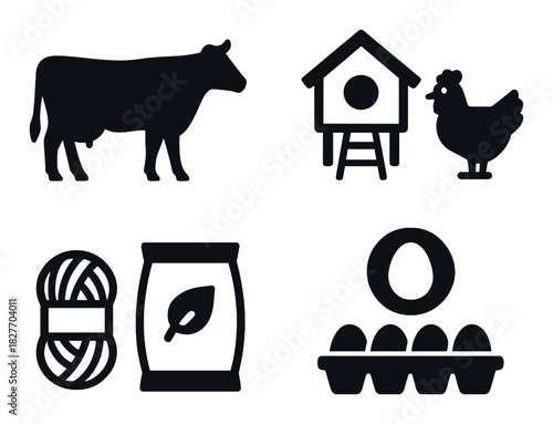 Silhouette icons of cow, chicken coop, yarn, fertilizer, eggs on dark background