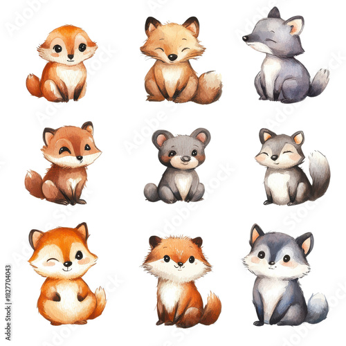 Cute animal illustrations featuring foxes, wolves, and bears designed in a playful style for children's decor or books.