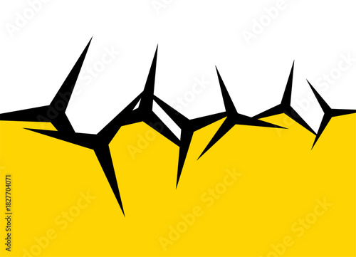 Divided yellow and white vector background. Vector pattern. A strip of sharp black spikes on a white background. Design element for car body, web design, cover, advertising