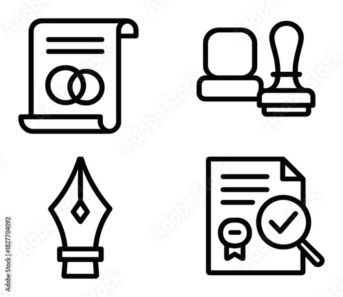 Black icon set featuring legal document, stamp, fountain pen, and verified certificate