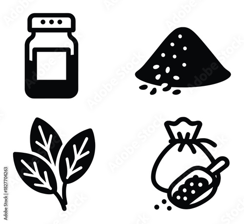 Four culinary icons: jar, powder, leaves, and bag with scoop on dark background