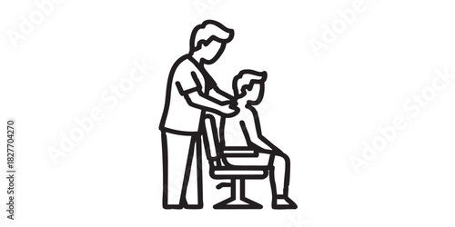 Masseur with man at salon chair thin line icon, spa massage concept. Vector graphics. Massaging art for client back, therapy sign on white background, style icon mobile or web design