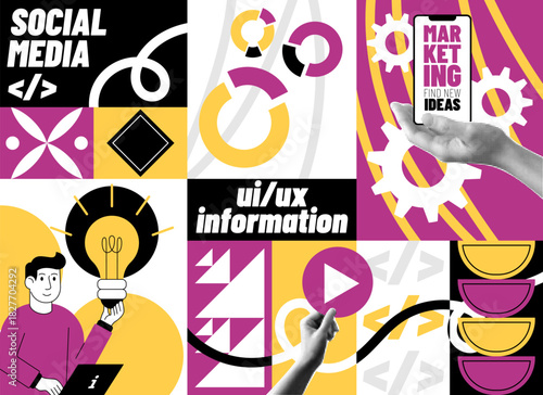 Marketing idea. Fashionable character find promotion solution. Halftone geometric element. Dotted hand with phone. Conceptual social media. Visual funk message. Digital business. Vector garish collage